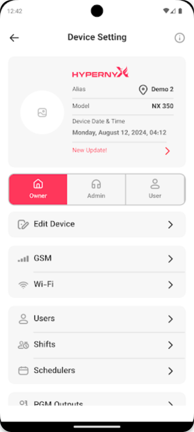 Hypernyx app - device settings